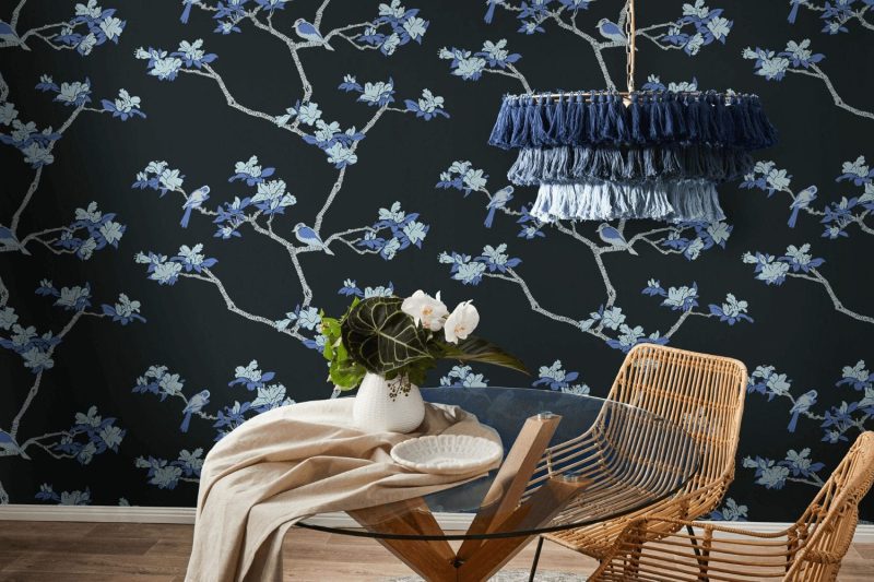 Florence Broadhurst wallpaper black with blue birds