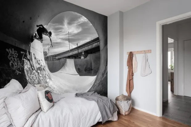 Black and white skateboarder mural wallpaper