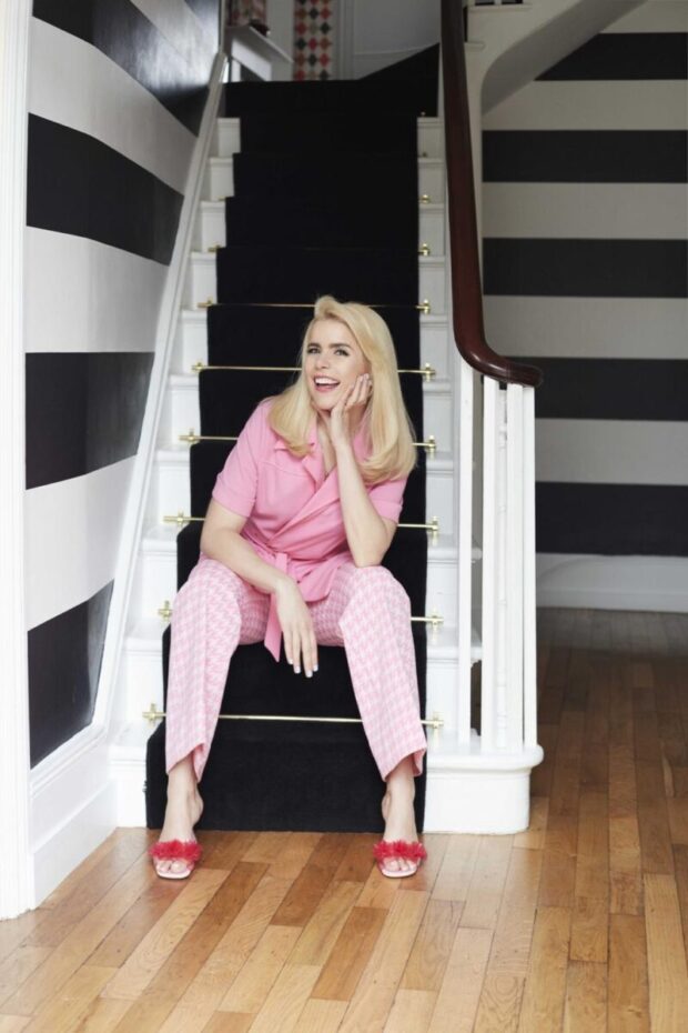 Photo by Vogue - Paloma Faith with Monochrome stripe wallpaper on her stairs at home