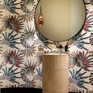 High end Powder room with Casamance feather wallpaper