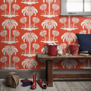 coral palm tree island wallpaper mud room