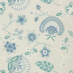Embriodery style floral wallpaper aqua