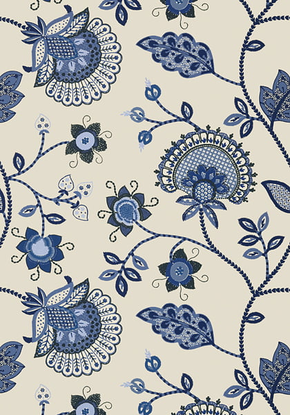 Blue and cream Embriodery style floral wallpaper