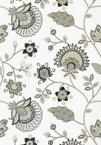 Embriodery style floral wallpaper in monochrome