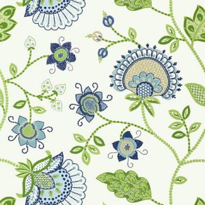 Embriodery style floral wallpaper in green and blue