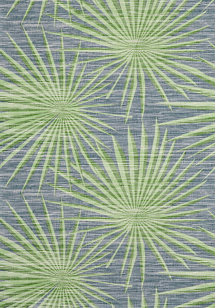 Palm frond blue and green grasscloth wallpaper