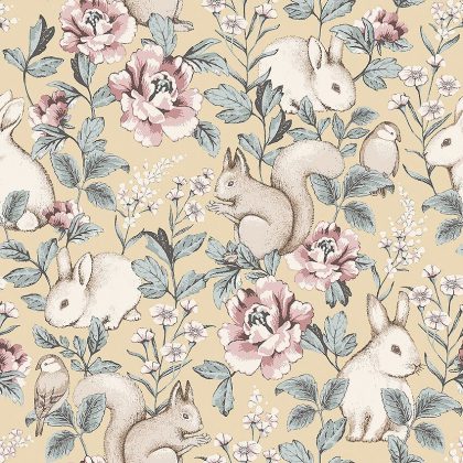 Floral wallpaper with forest animals