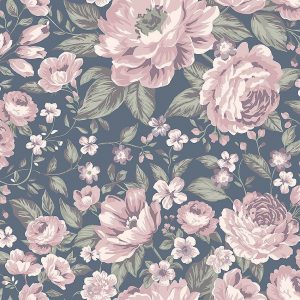 Rosie wallpaper in navy with pink Roses