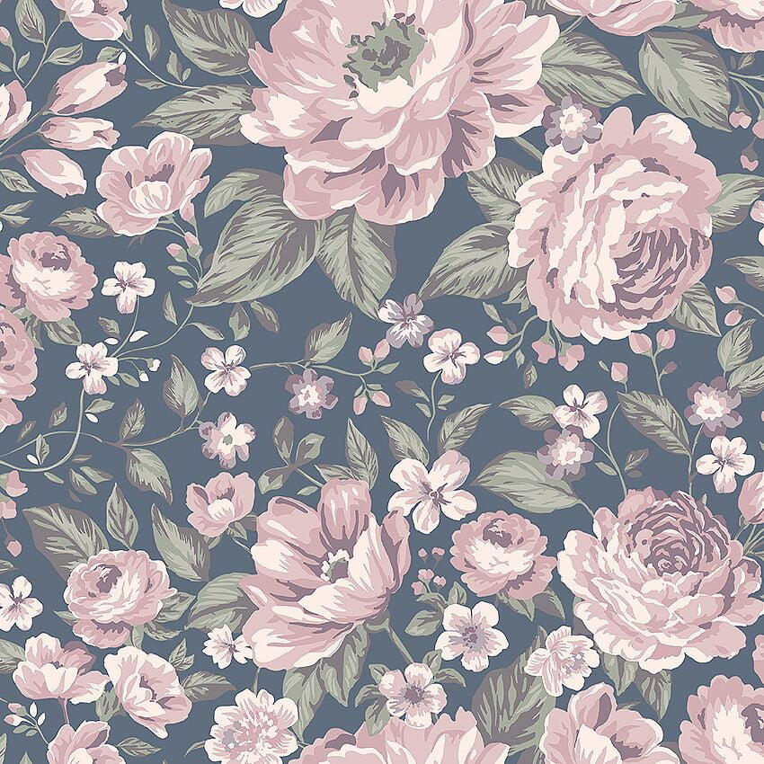Rosie wallpaper in navy with pink Roses