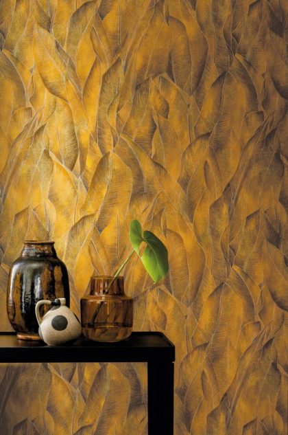 Mustard yellow tropical leaf wallpaper pattern