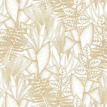 white and gold wallpaper jungle leaf and tiger