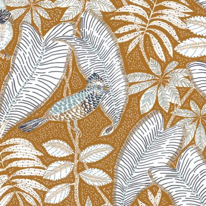 tropical leaves and birds wallpaper mustard