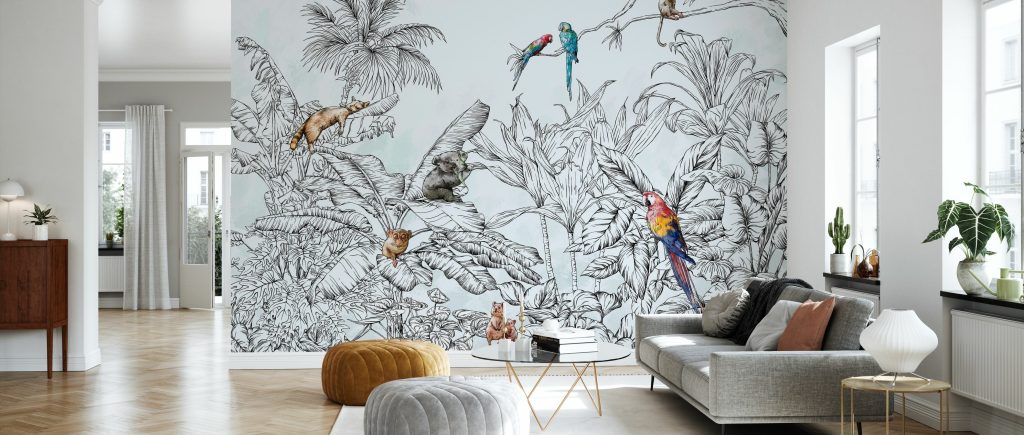 Illustrated jungle wallpaper mural