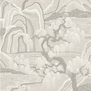 Japanese inspired garden scene wallpaper grey