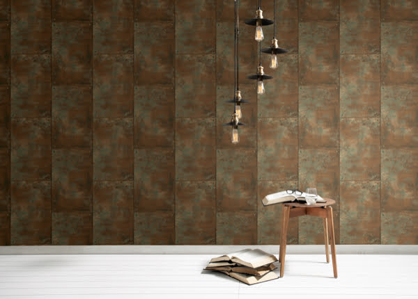 faux rusted panel wallpaper industrial style