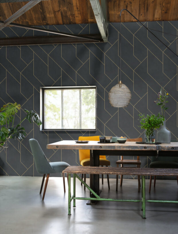 black and gold geometric industrial wallpaper