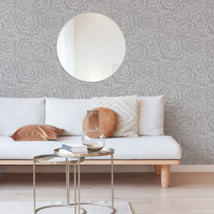 grey floral wallpaper living room