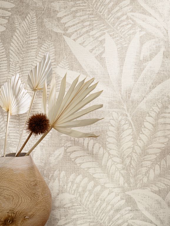 beige on beige tropical leaf wallpaper