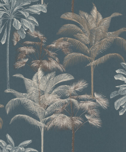 blue wallpaper with bronze palm trees