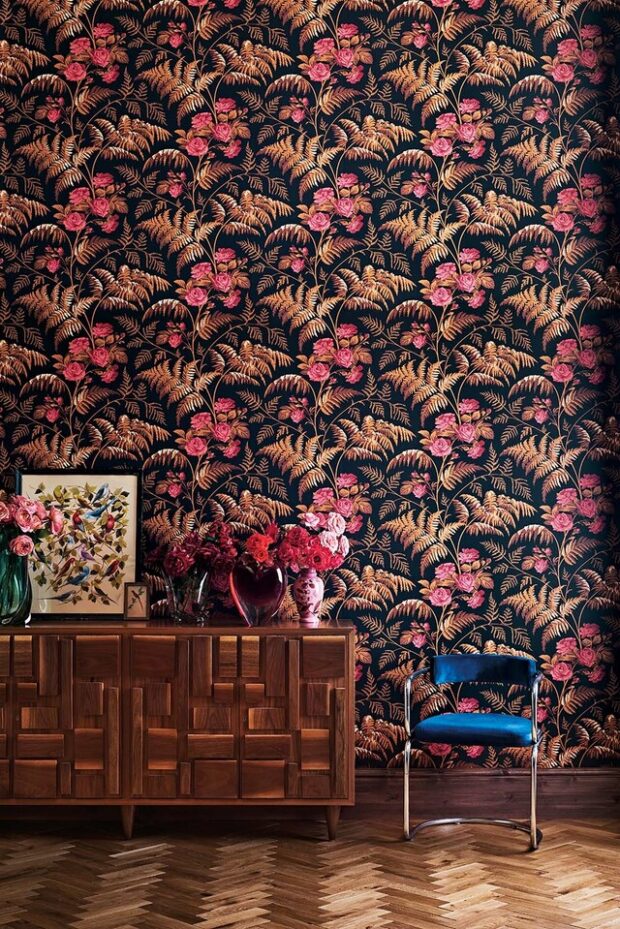 black pink and orange floral rose wallpaper
