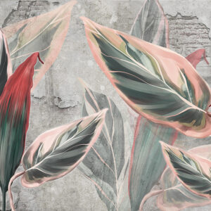 Pink leaves against concrete brick wall wallpaper mural