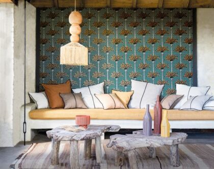 Tropical palm tree boho wallpaper moddern in khaki