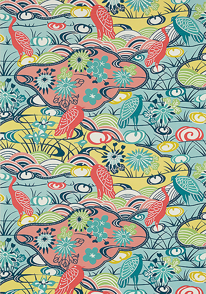 Colourful bright wallpaper Japanese inspired design of Herons