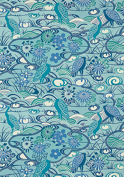 Turquoise wallpaper with flowers and heron birds