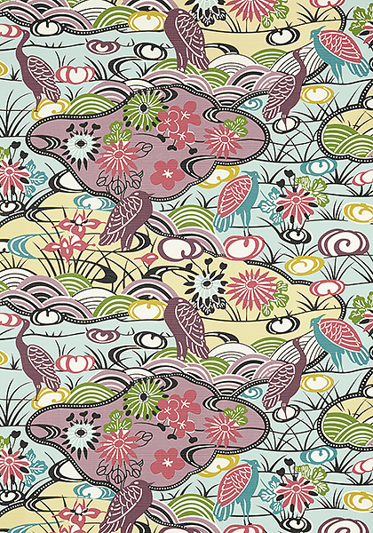 Heron bird wallpaper in a multi coloured fun pattern