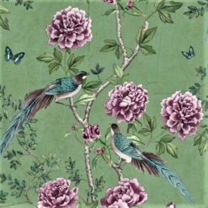 green chinoiserie wallpaper birds and floral