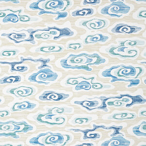 Beige and blue faux grasscloth with cloud pattern