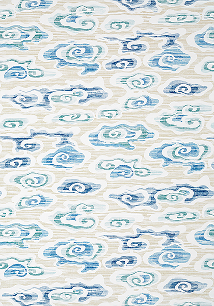 Beige and blue faux grasscloth with cloud pattern