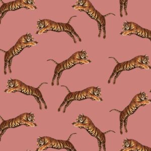 pink wallpaper with pouncing tigers