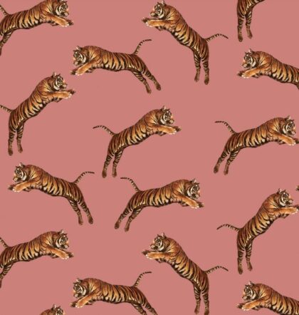 pink wallpaper with pouncing tigers