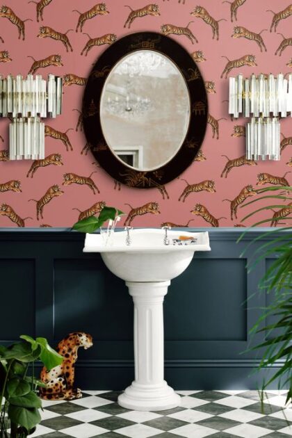 powder room wallpaper pink with tigers leaping