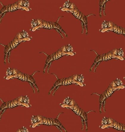 red wallpaper with pouncing tigers