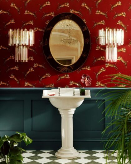 powder room wallpaper red with pouncing tigers