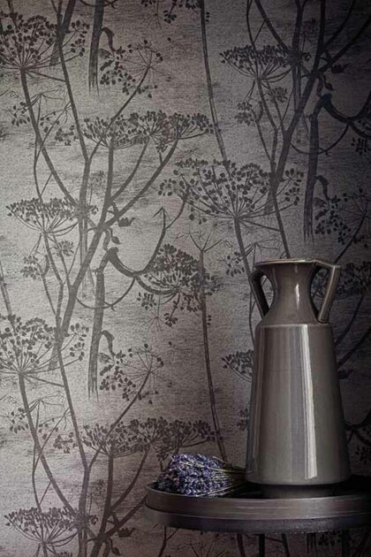 black wallpaper by Cole and sons - Cow Parsley seen here styled with a vase