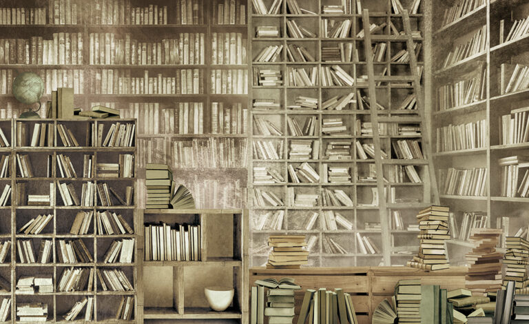 A mural of an old library full of books in sepia - acoustic wall covering