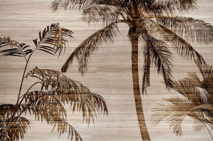 Palm tree wallpaper design on faux timber effect soundproof wallcovering