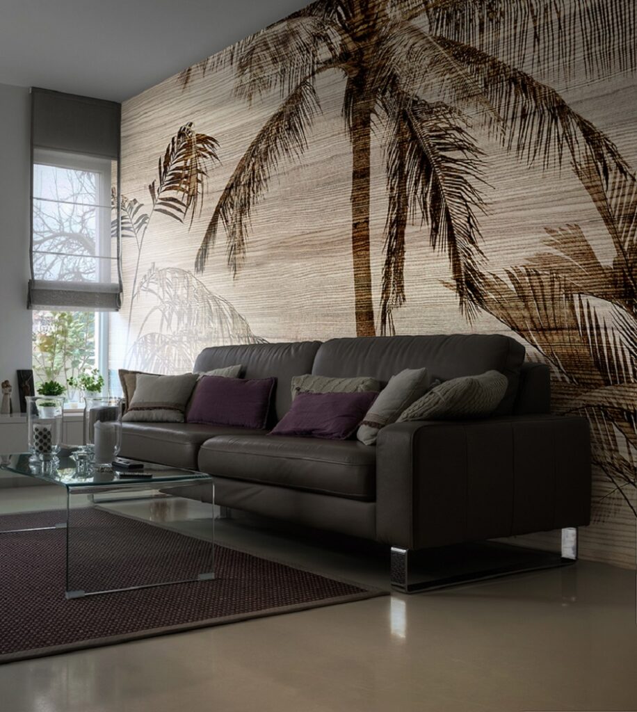soundproof wallpaper mural of palm trees on a timber effect wallpaper. Living room