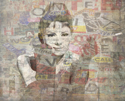 Audrey Hepburn mural depicted in an abstract modern design of words