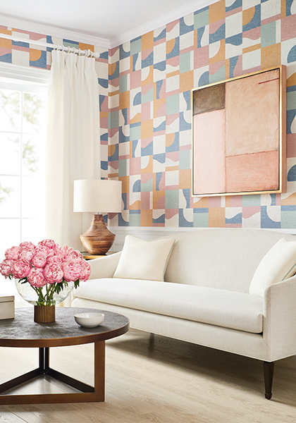 Living room featuring Coloured Blocks pastel coloured multi wallpaper