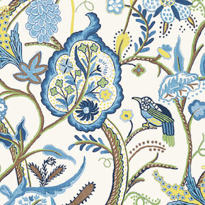 Windsor wallpaper pattern in blue and yellow whimsical floral wallpaper with birds