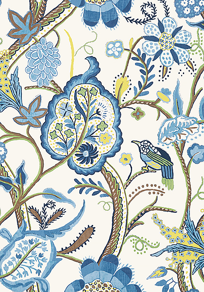 Windsor wallpaper pattern in blue and yellow whimsical floral wallpaper with birds