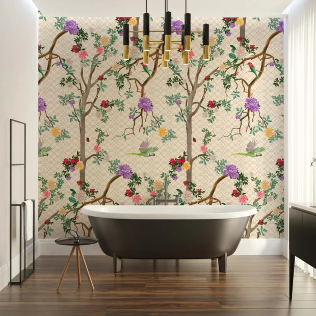 Minimalist bathroom featuring wallpaper in chinoiserie style with parrots