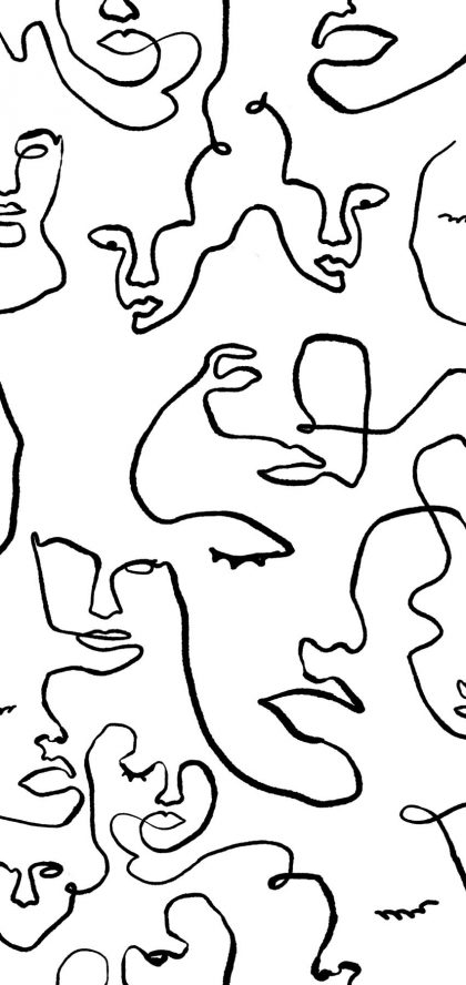 Black and white artistic wallpaper of line drawing faces