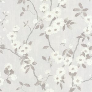 pale grey wallpaper with little flowers on branches