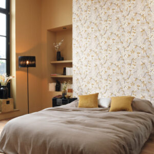 Bedroom showing Spring flower wallpaper by Casadeco