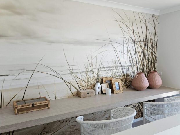 Brighton homes study nook beach custom mural of sand dunes and grass. This design livens up a study space with a calm vibe
